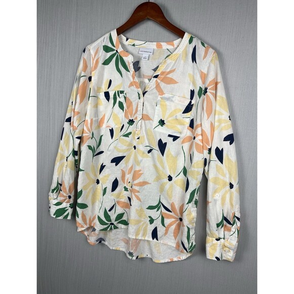 Liz Claiborne Tops - Liz Claiborne Linen Blend Tunic TopSplit Neck Colorful Floral Roll Tab Sleeves L